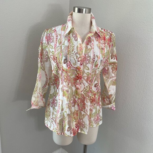 Coldwater Creek Womens Medium Button Up Floral Organza Blouse 3/4 Sleeve Shirt - Picture 1 of 11